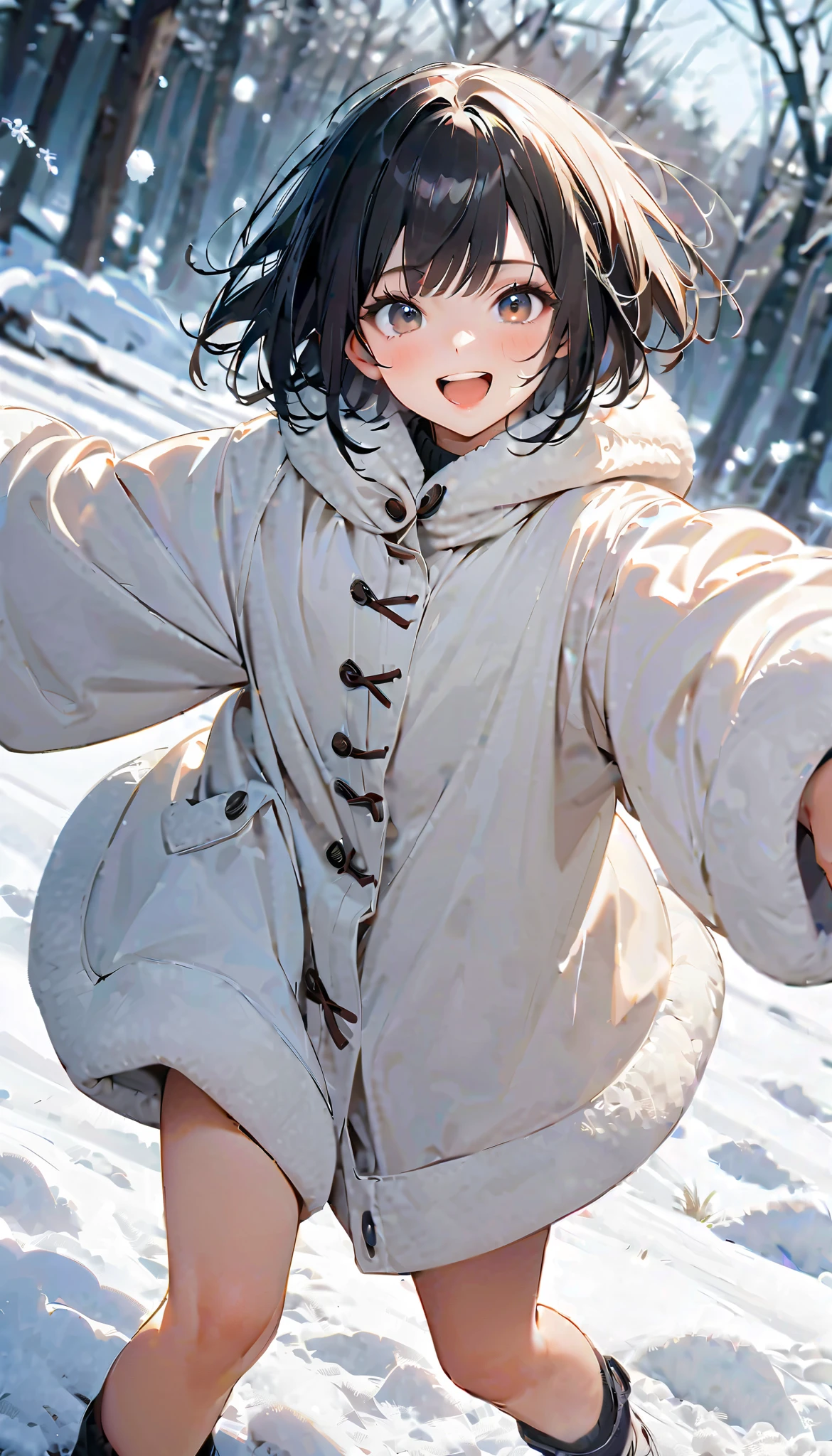 ( best quality :1.2, very detailed, Latest, lively, best quality , Aesthetics at its best) , Face Up Shot, ((( very detailed目と顔))), Official Art, 8k Ultra HD, very detailed, Delicate and dynamic, blurred background , Outdoors, daytime, Hiku Snow Scenery , there's snow on the ground, it's snowing, Falling Snow, winter, White World, is dazzling, one woman, 2.5D, smile, black eyes, black hair, bob cut, short, pees on a very young , flat chest, Fluffy winter clothes, Get excited, dynamic pose, dynamic angle, Realistic, her breath is white