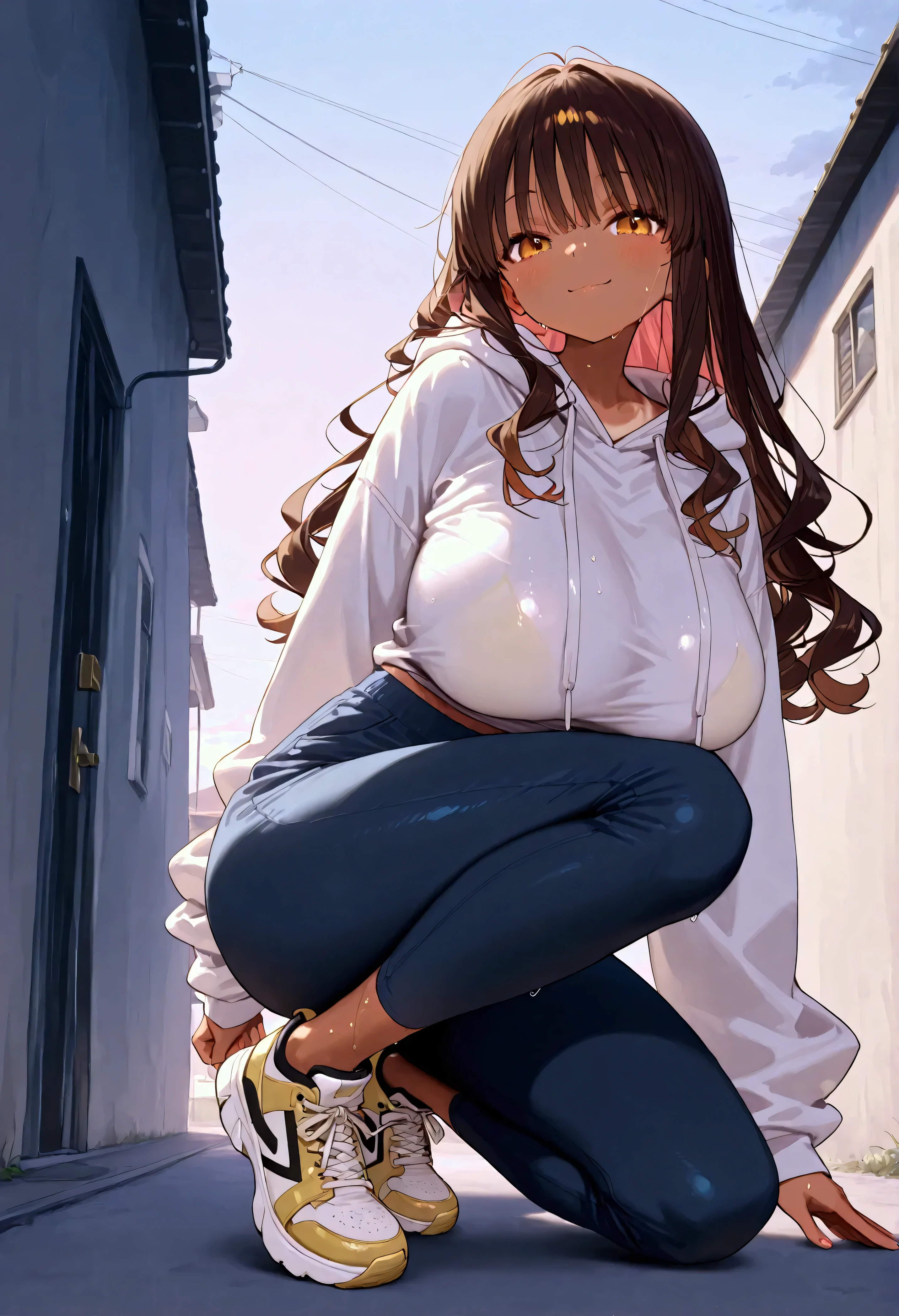 NSFW, masutepiece, Best quality, hyper HD, Top resolution, Very detailed, Professional lighting, Clean skin, anime big breast, One girl, Cowboy shot, Slender, Very cute, Little girl, Large breasts, Black hair, semi long hair, Hairy ribs, Wet clothes, clothes tug, Oversized clothes, Hoodie, Naked hoodie, Sweater labels, Wind, Subtle panty shot, pantyshot