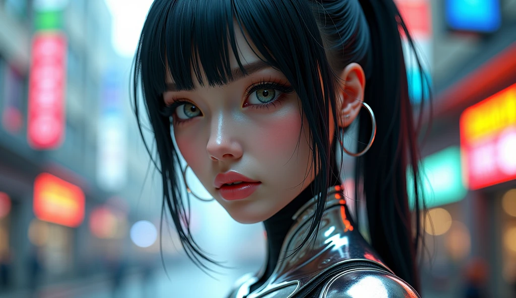 (UHD, retina, masterpiece, accurate, anatomically correct, textured skin, super detail, high details, high quality, best quality, high res, 1080P, HD, 4K, 8k, 16k), (beautiful detailed eyes, beautiful detailed lips, extremely detailed eyes and face), soft lighting, physically-based rendering, vivid colors, (large breasts:1.5), (portrait, shiny hair, shiny skin), eye reflection, (bokeh, science_fiction, sky, cloud, city, building), (bangs:1.5), semi-profile view, (glowing_battle_suit, chibi:1.5),