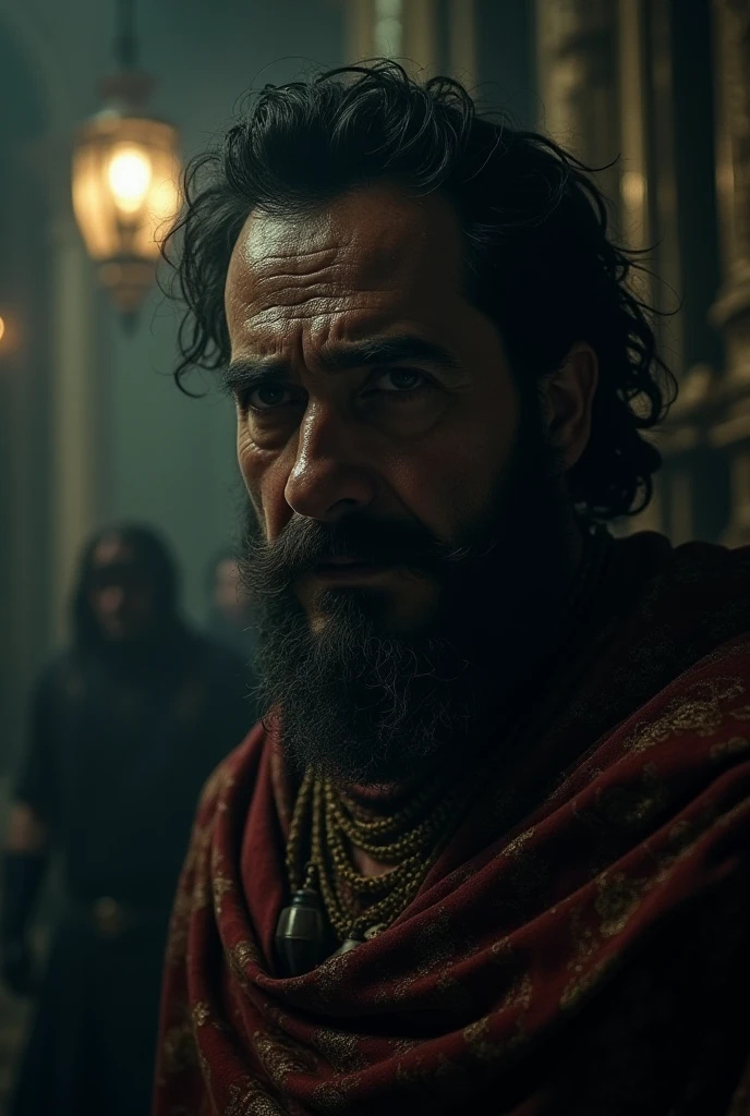 King Belshazzar terrified, at night, in the palace