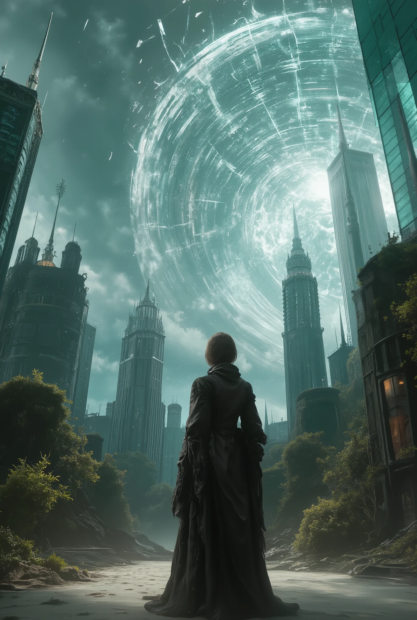 , (8k, top quality, Masterpiece , Final Fantasy Style: 1.2), ( realistic , photo realistic : 1.37), super detailed, ,Dreamy,A surreal mixed fantasy world,Combination of realistic and fantastical elements , magical effects , Glass Ceiling , Glass Covered Space, Cracked Ceiling , Maze , 魔女の魔法で Glass Ceiling が砕ける