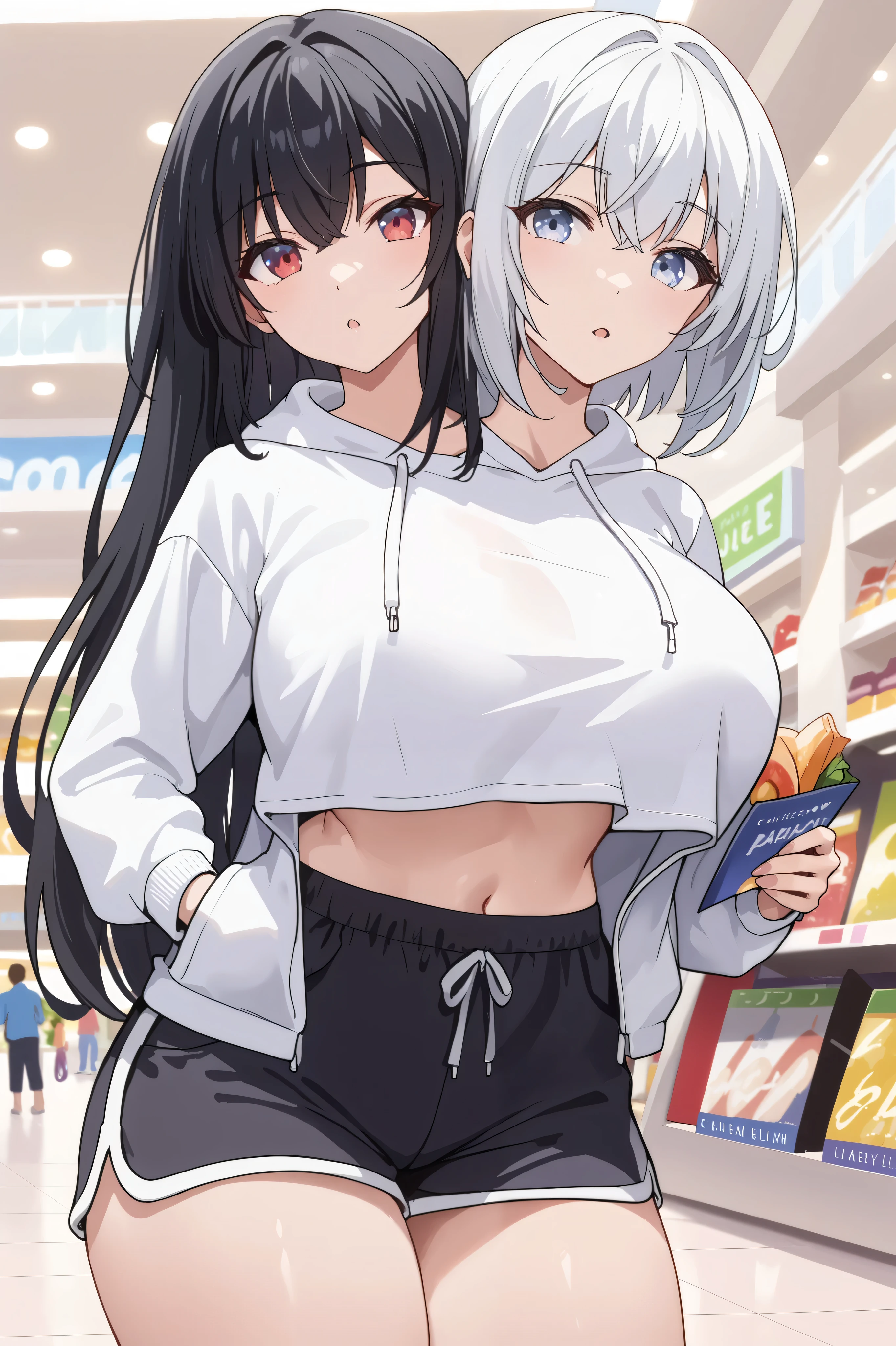 2heads, a tall thin woman with 2 heads, black hair, white hair, red eyes, blue eyes,grinning, She is wearing a white hoodie and black dolphin shorts. She is inside a shopping mall. She is walk in the shopping mall, Gigantic breasts.