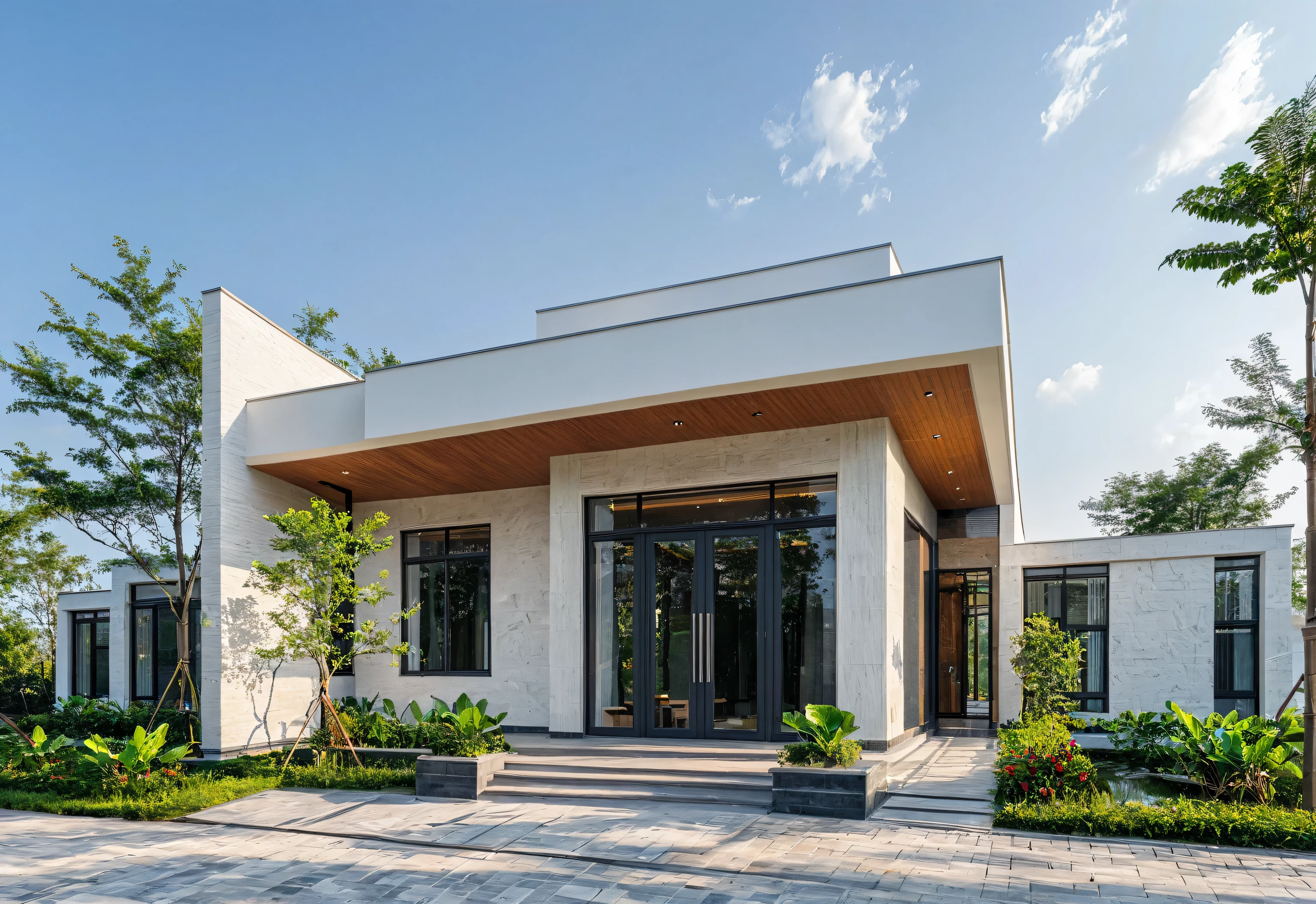 1 morden WHITE house,1large yard, 1 road runs in front of the house, (RAW photo, real, best quality, masterpiece:1.2), look morden minimalist, 1 road in front of the house, the exterior of an elegant single family home features large windows, ((a dark gray door frame)), dynamic lighting:1.3, (hyper realistic, photo-realistic:1.2), high quality, (dark lighting:1.2), perfect lighting, archdaily, no human, light at 12 noon, warm light in door:1.4, blue sky:1.3, shimering lighting:1.2,