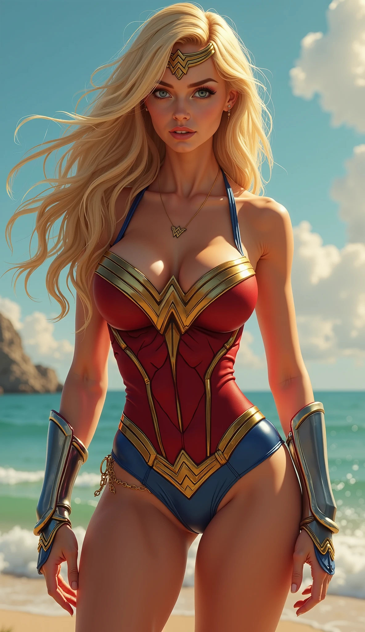 (((Facing the camera))),Ultra-realistic depictions,Ultra-fine photos,, Best quality, Ultra high definition, Natural light, Full body portrait,( Amazingly beautiful style),((Chestnut hair and semi-long hair that sits in the wind))), Dynamic poses, Detailed beauty face, Brilliant eyes, Front view, ((High cut bikini type Wonder Woman costume)),Urban street, (Beautiful body in detail),((Big Breasts)),High detail skin, Realistic skin details, Visible pores, sharp focus, 8K UHD, Digital, high quality, fair skin, view from below