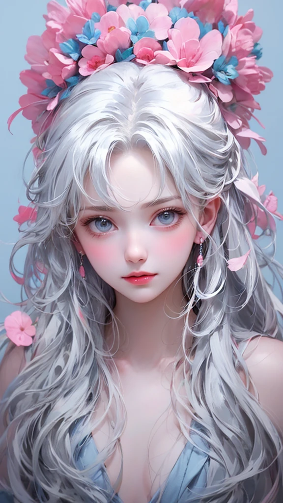   light blue and pink color scheme， sexy girl with white curly hair ， ， small,Silvery Curly Hair、 portrait、