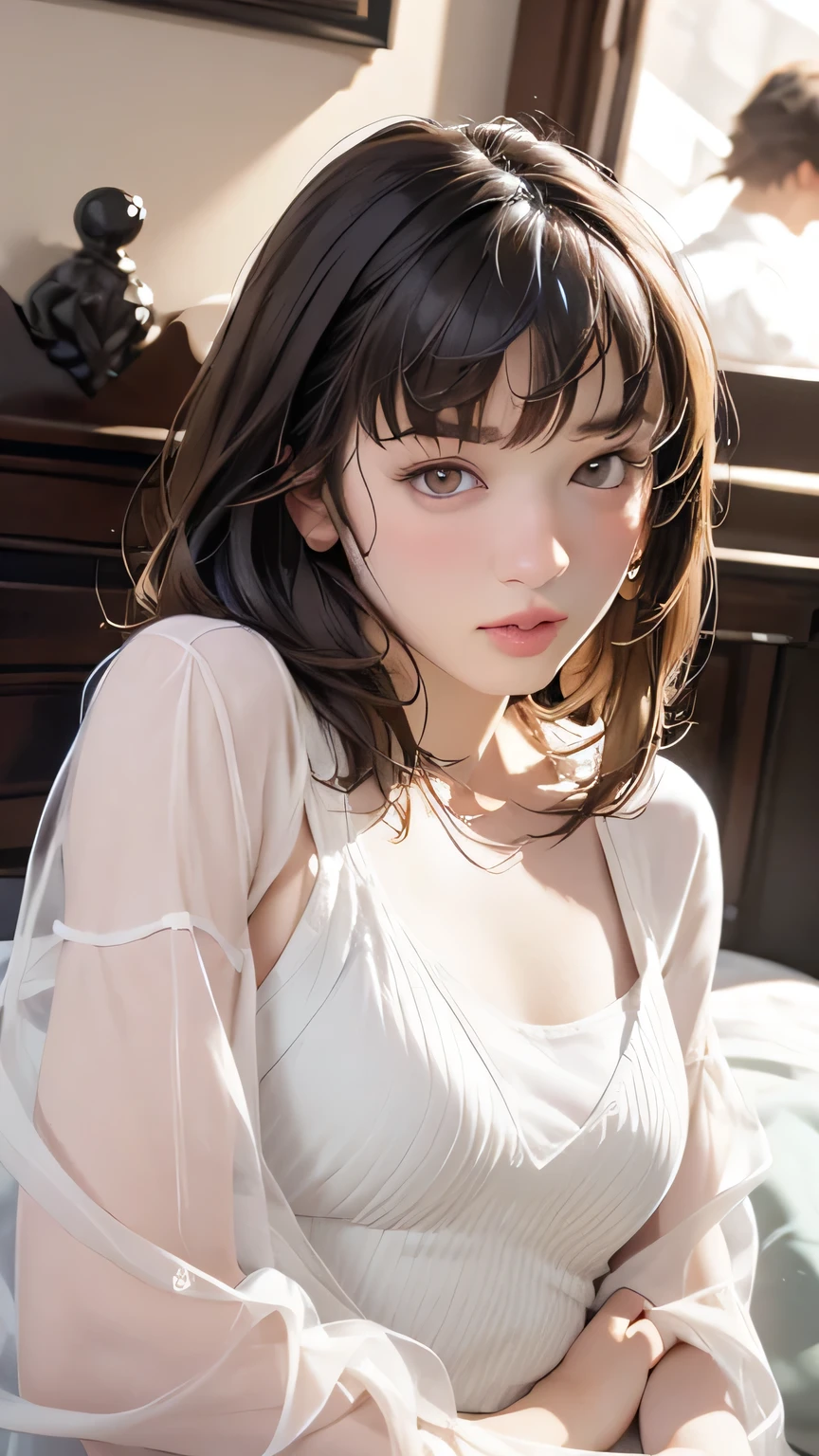 1girl, solo focus, teen girl, skin imperfection, light olive skin, perfect face, puffy face, beautiful face, big eyes, puffy eyes, green eyes, perfect eyes, eyelashes, very short chignon mahogany hair