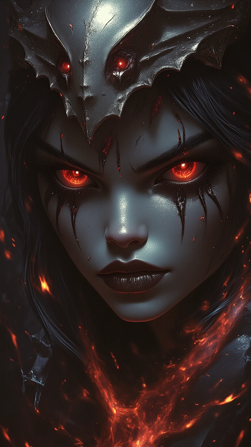 girl, glowing eyes, evil and scary, красный фон, крадется, когти, крылья ворона