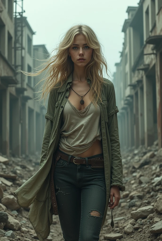 A woman in a denim jacket and jeans walking on a dirt road - SeaArt AI