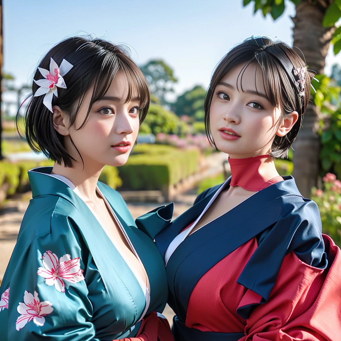 A beautiful sl Japan ender young girl with black hair is standing in a blue kimono on the left, standing indoors in a Japan with nature background, and on the right is a fair-skinned, slender young Russian girl with light brown hair, round glasses on her face, eyebrows just above her eyes, wearing a purple kimono printed with several different Sanrio characters, Photorealistic photography, masterpieces
