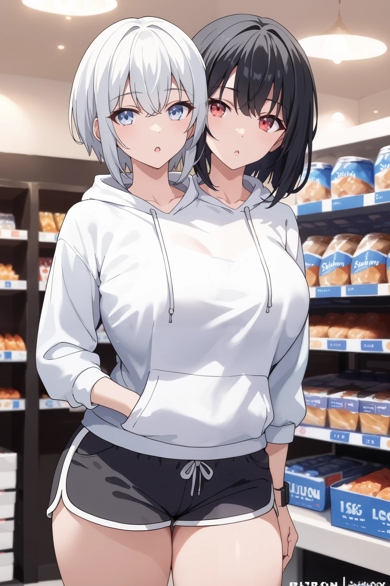 2heads, a tall thin woman with 2 heads, black hair, white hair, red eyes, blue eyes, grinning, She is wearing a white hoodie and black dolphin shorts. She is inside a game shop. She is walk in the game shop, Gigantic breasts.