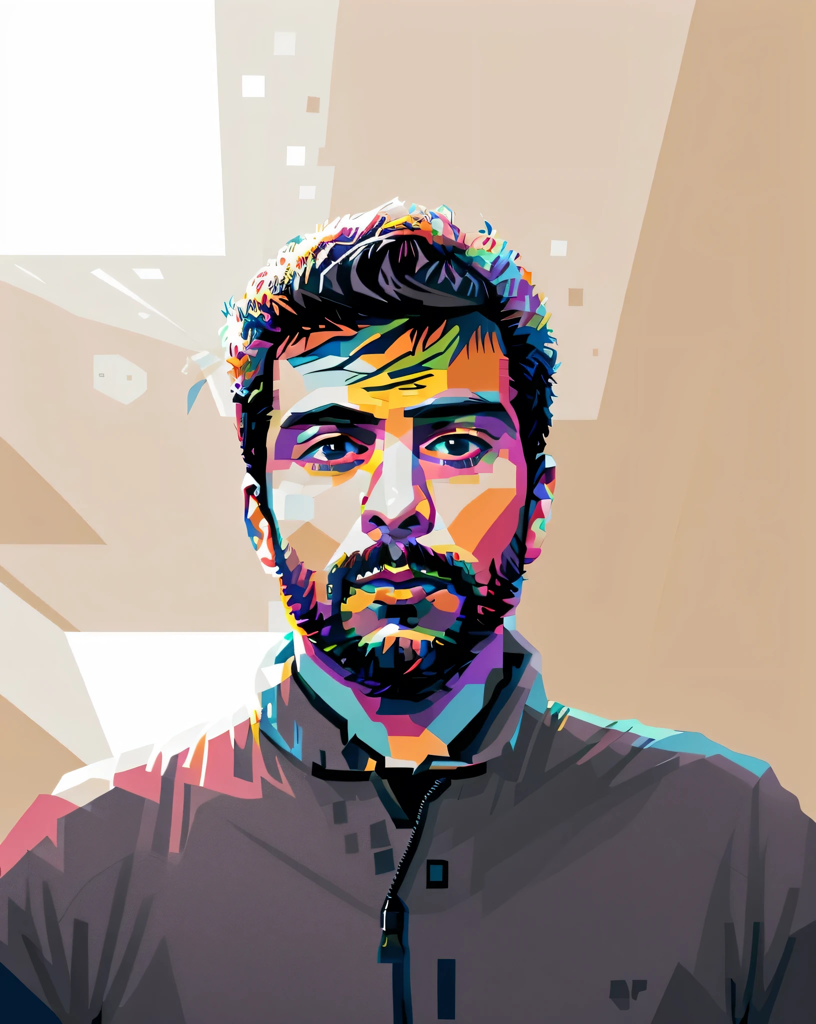there is a man that is taking a selfie in a mirror, jayison devadas, around 1 , looking straight to camera, vinayak, very very low quality picture, 8k selfie photograph, professional profile picture, without beard, selfie photo, with accurate face, front profile!!!!, with no beard, with a small beard, serious focussed lookHD, (Best Detail), (Best Quality), WPAP style, color coordination,