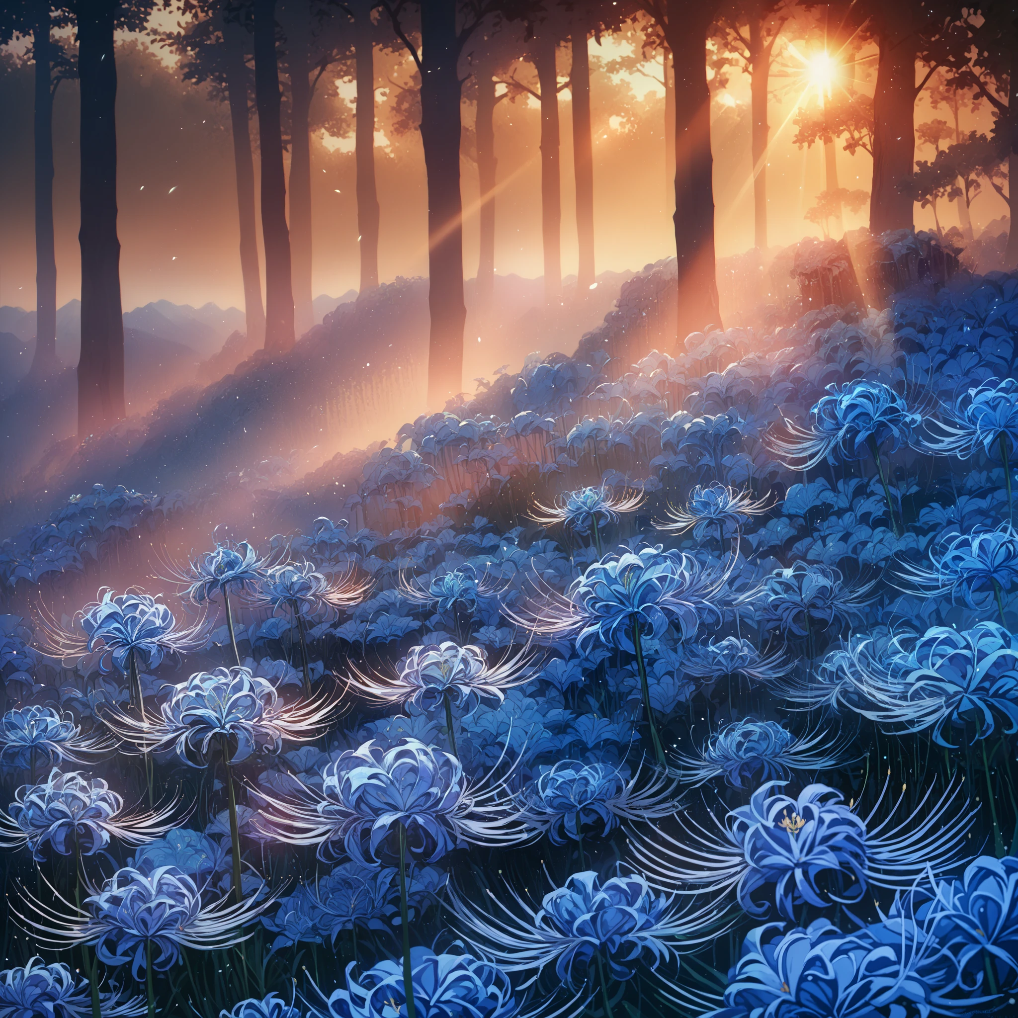 (Flower field, (blue cluster amaryllis, blue spider lilies)), sunlight filtering through the trees