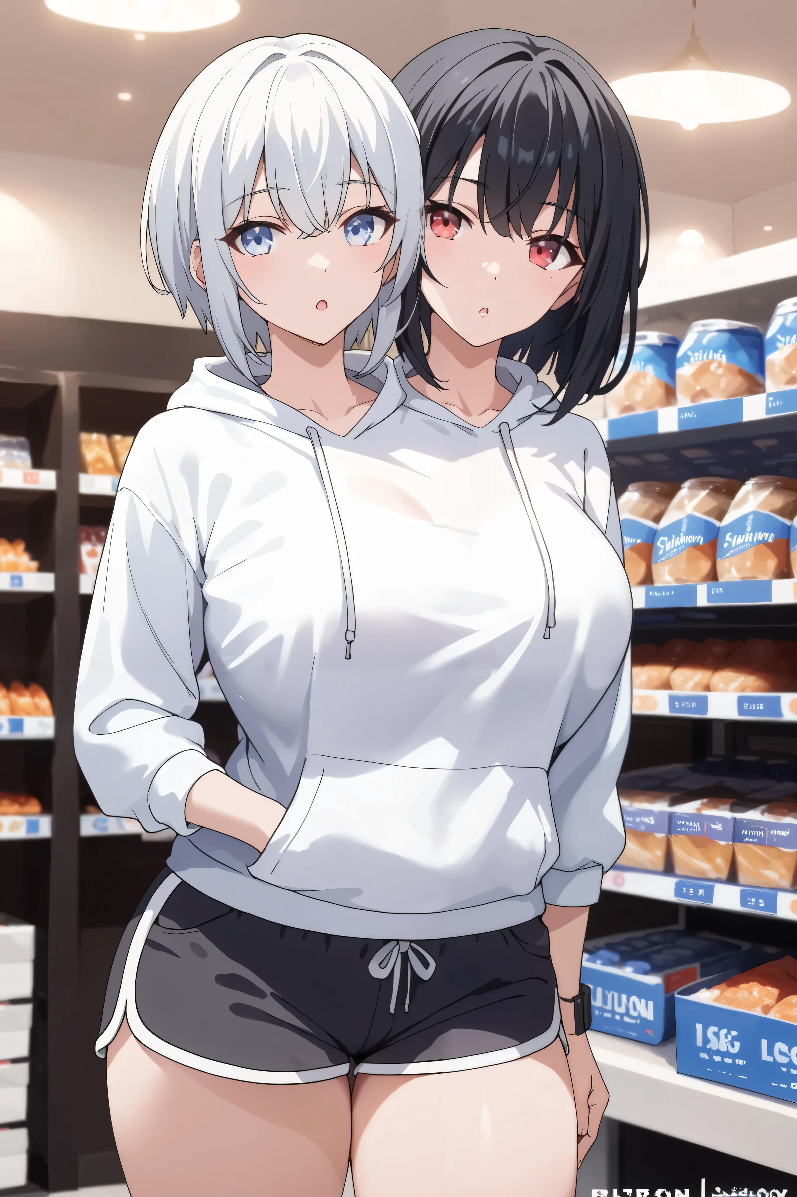 2heads, a tall thin woman with 2 heads, black hair, white hair, red eyes, blue eyes, grinning, She is wearing a white hoodie and black dolphin shorts. She is inside a game shop. She is walk in the game shop, Gigantic breasts.