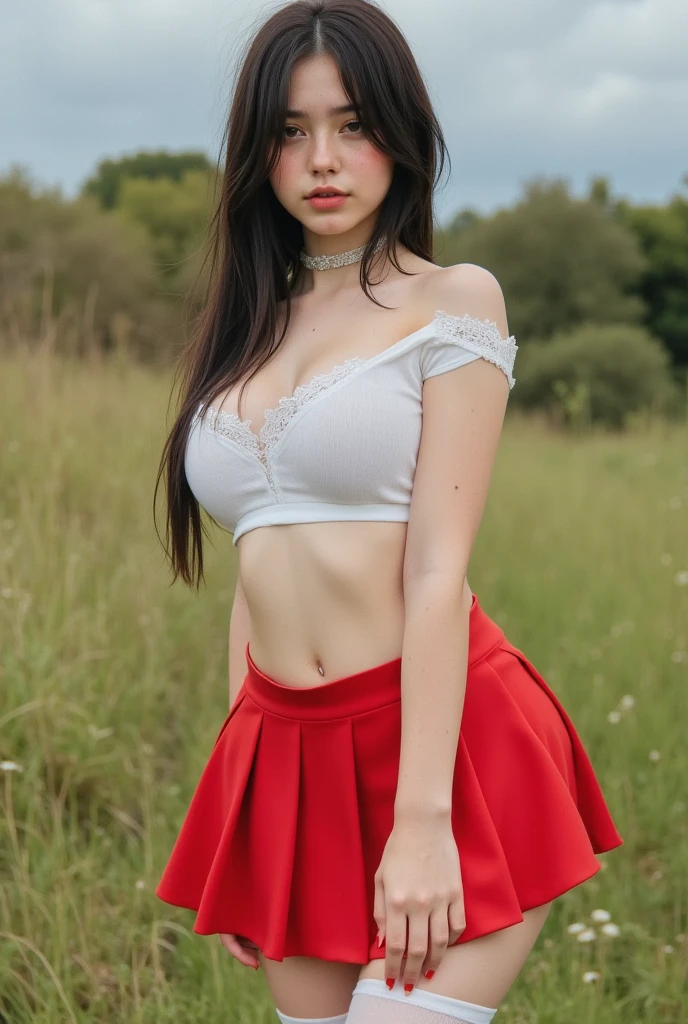 Foto polaroide, una mujer vestida con ropa escolar con minifalda escolar, The skirt shows a little of her red panties because the skirt blew away in the wind.