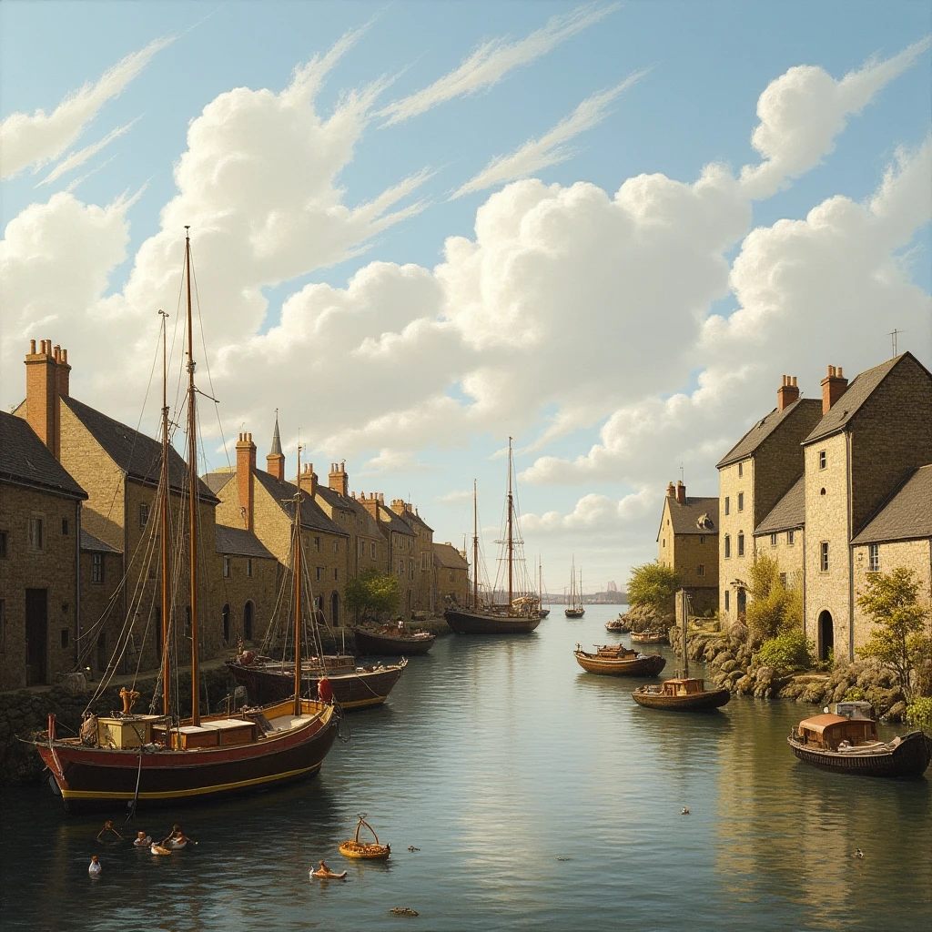 a serene, realistic style Breton harbour with rustic stone buildings, where fishermen unload their daily catch, and fishing boats at anchor, set against a backdrop of soft, feathery clouds drifting across a pale blue sky, with a few scattered puffy white clouds, and the warm golden light of late afternoon casting a tranquil mood.