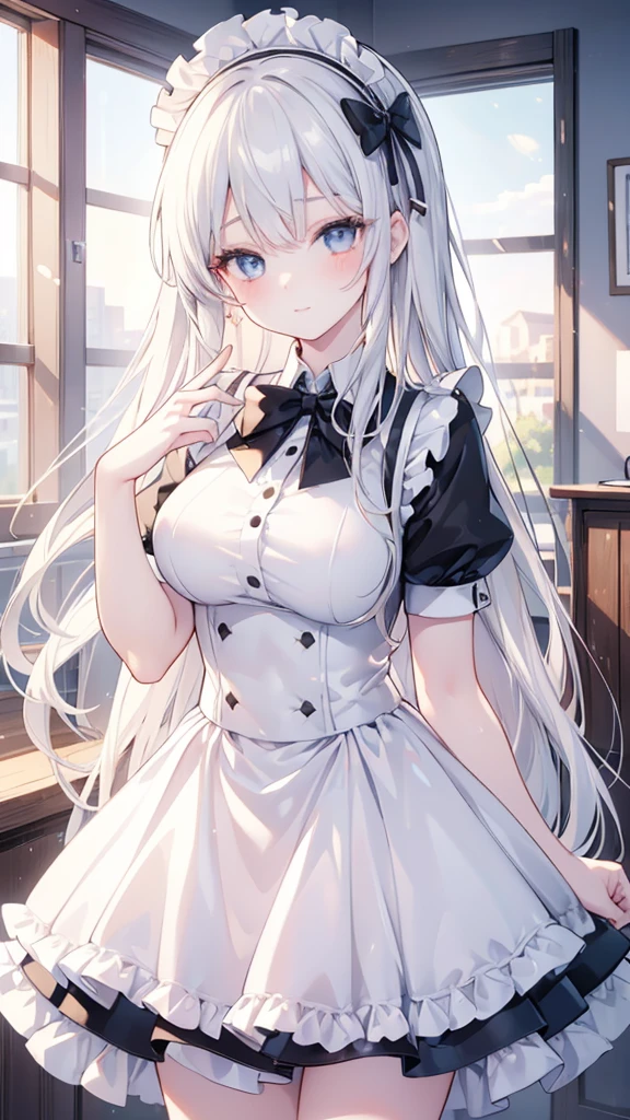 masterpiece, Highest quality, High resolution，Follow the on-screen instructions、Anime Style、Follow the prompts、One Girl、Long silver hair、、Grab your clothes and pull them up to your chest、mini skirt、
