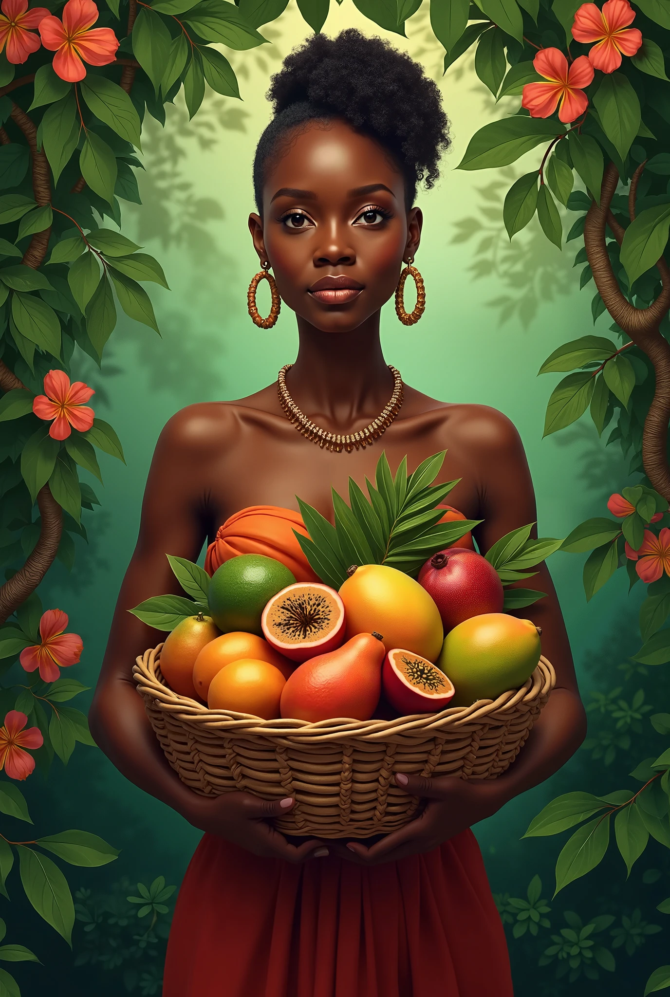 Create an artwork featuring a nude woman embodying the essence of a goddess of abundance and fertility. She is seated gracefully with her knees drawn up, cradling a basket overflowing with various fruits such as grapes, figs, and pomegranates. Her hair is adorned with a crown of flowers and leaves,