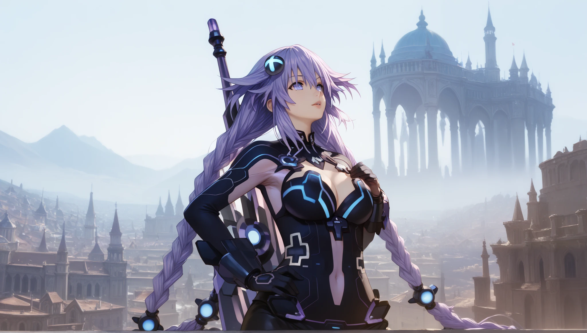 Neptunia dressed as a warrior , backlit image light and dark clothes, Long hair , High resolution, masterpiece, Precise, Anatomically correct, the best quality , Awarded many times, HD model, Detailed pants, high quality, quality, muy detallado, textured leather, UHD,