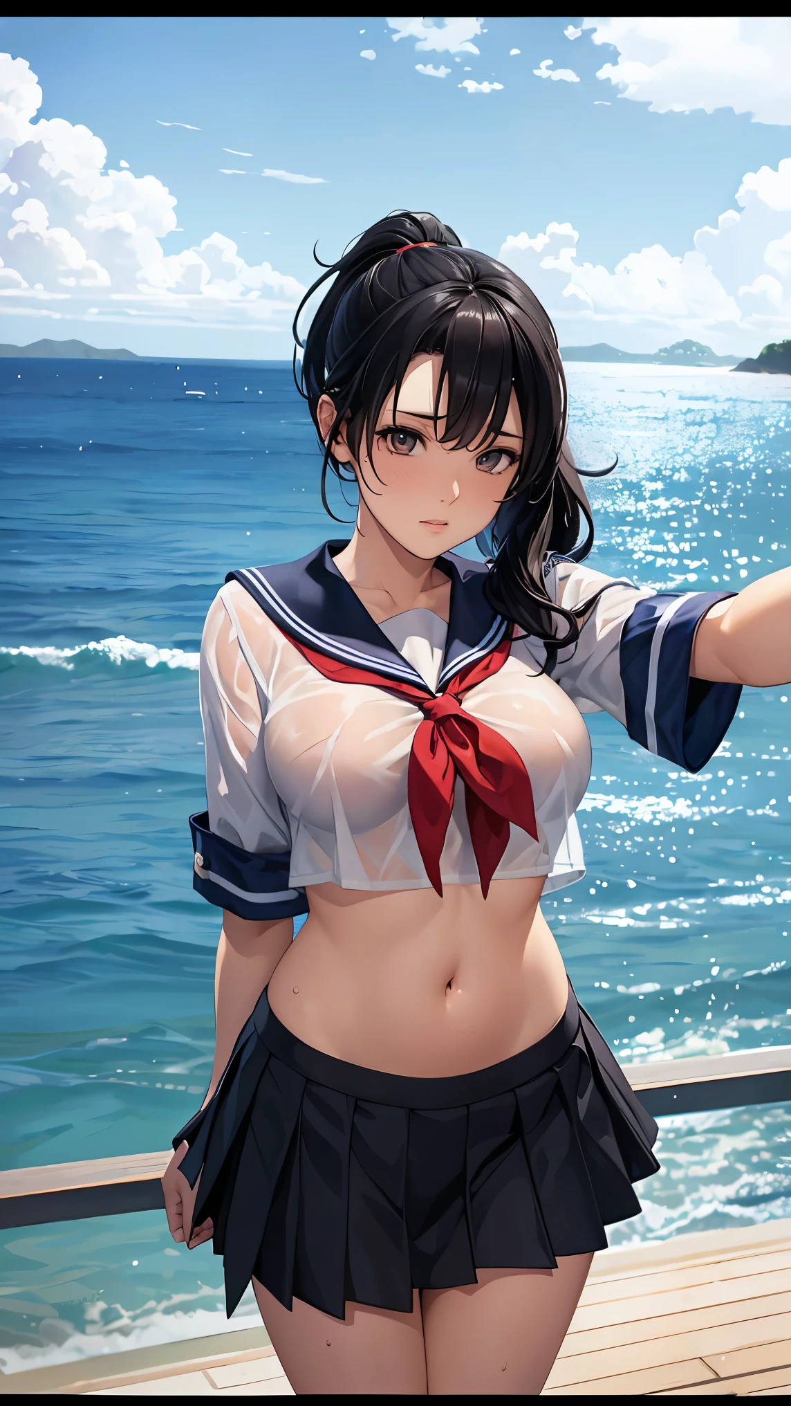 ung_tee子、ロリ、wn_hr、medium_bob_hair、blue_midriff_baring_sailor_uniform、mini_skirt、short_sleeve、太もも、big_tits,closed_eyes, 笑顔、open_mouth、立っている,harbor_background、spread_legs、幸せ、NSFW、short_gloves, wet,transparent,covered_nipples, covered_crotch, under_tits, sweat, bare_thighs, (groin:1.5), tan,