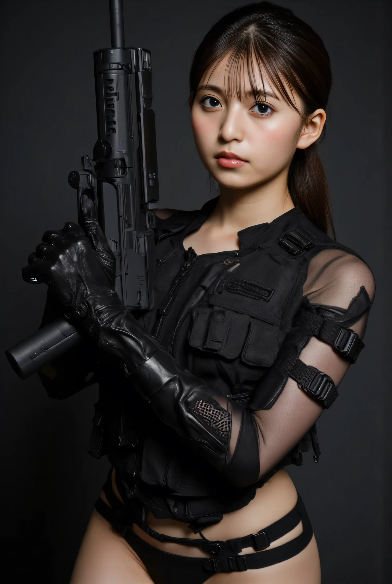 (((futuristic SWAT troop style black military vest:2.0))),((Perfect Naked:1.5)),(( Wearing a Military Vest on Naked :1.9)),((ear monitor:1.5)),(((Tactical Holster:1.5))),( gloves:1.5),( one woman), cute face,Beautiful well-balanced face ,( 20 year old Japanese woman), ( Glamorous Shots of Japanese Women ),( Slender Beautiful Body :1.5),( model body type),Slim body,(( big breasts:1.5)),( Accurate Depiction of Natural Nipples ),(firm nipples ),(((Bare thighs:1.8))),((Voluptuous thighs:1.5)),( delicate body:2.0),((Very sensual:1.5)),((Hold up a futuristic laser rifle:2.0)),(( perfect body line)),(( Ideal Proportions )),(((I can't wear panties:2.0))),(((( lower body nude:1.5)))), realistic skin texture,( natural big breasted :1.5),( black hair:1.5),( beautiful eyes:1.3),((whole body:2.0)),(( Shrimp:1.5)),A harmonious posture,((The dark background inside the base in the near future:2.0),(( cyberpunk vibe :1.5)),( blurry background:1.5),(((masterpiece:2.0))),( best quality :1.5),( high resolution:1.5),(UHD:1.5),( movie lights:1.5),( Delicate Depiction),((( Carefully Depict Limbs Based on Perfect Anatomy:2.0)),( carefully drawn with butterfly wings ))),32K, Polo, ULTRA DETAILS,((超 high resolution)), Draw eyelashes carefully, ( very detailed face:1.5),((Highly detailed female hand:1.8)),(Sexy appearance:1.5)