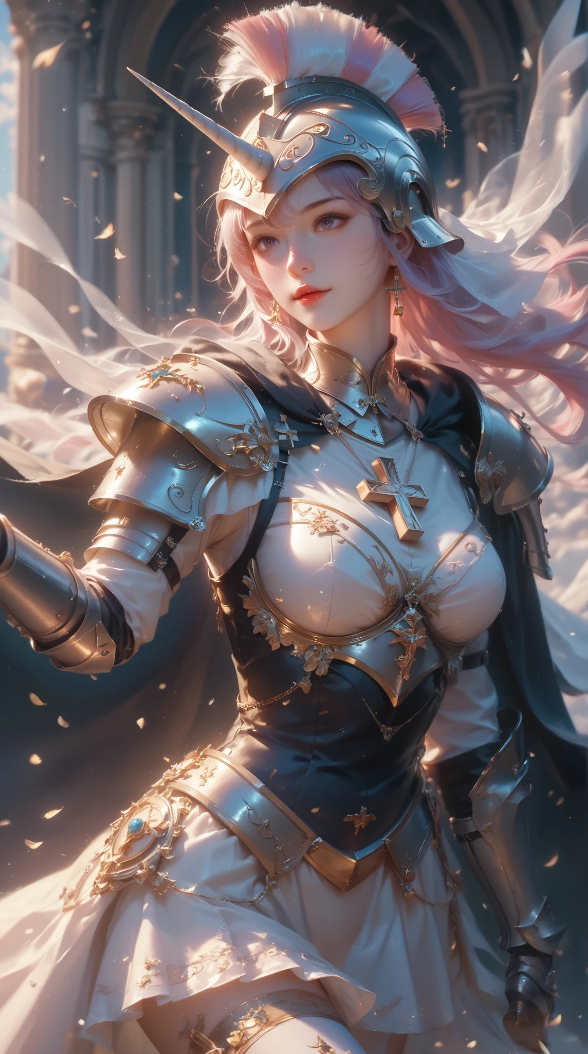(( best quality )),( super high resolution),( very detailed),( Detailed explanation ),(( best CG )),( Best Works of Art ), Ultra Precision Art, Amazing Painting Art,( Art with Precise Details :1.5), Female Knight, spiral unicorn helmet, Holy Cross Armor, Wing Boots ,  Holy Cross Cloak 