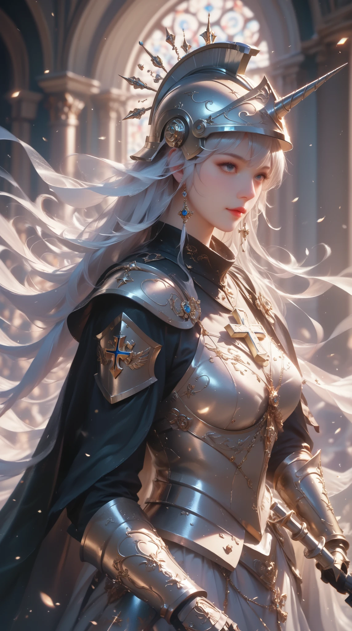 (( best quality )),( super high resolution),( very detailed),( Detailed explanation ),(( best CG )),( Best Works of Art ), Ultra Precision Art, Amazing Painting Art,( Art with Precise Details :1.5), Female Knight, spiral unicorn helmet, Holy Cross Armor, Wing Boots ,  Holy Cross Cloak 