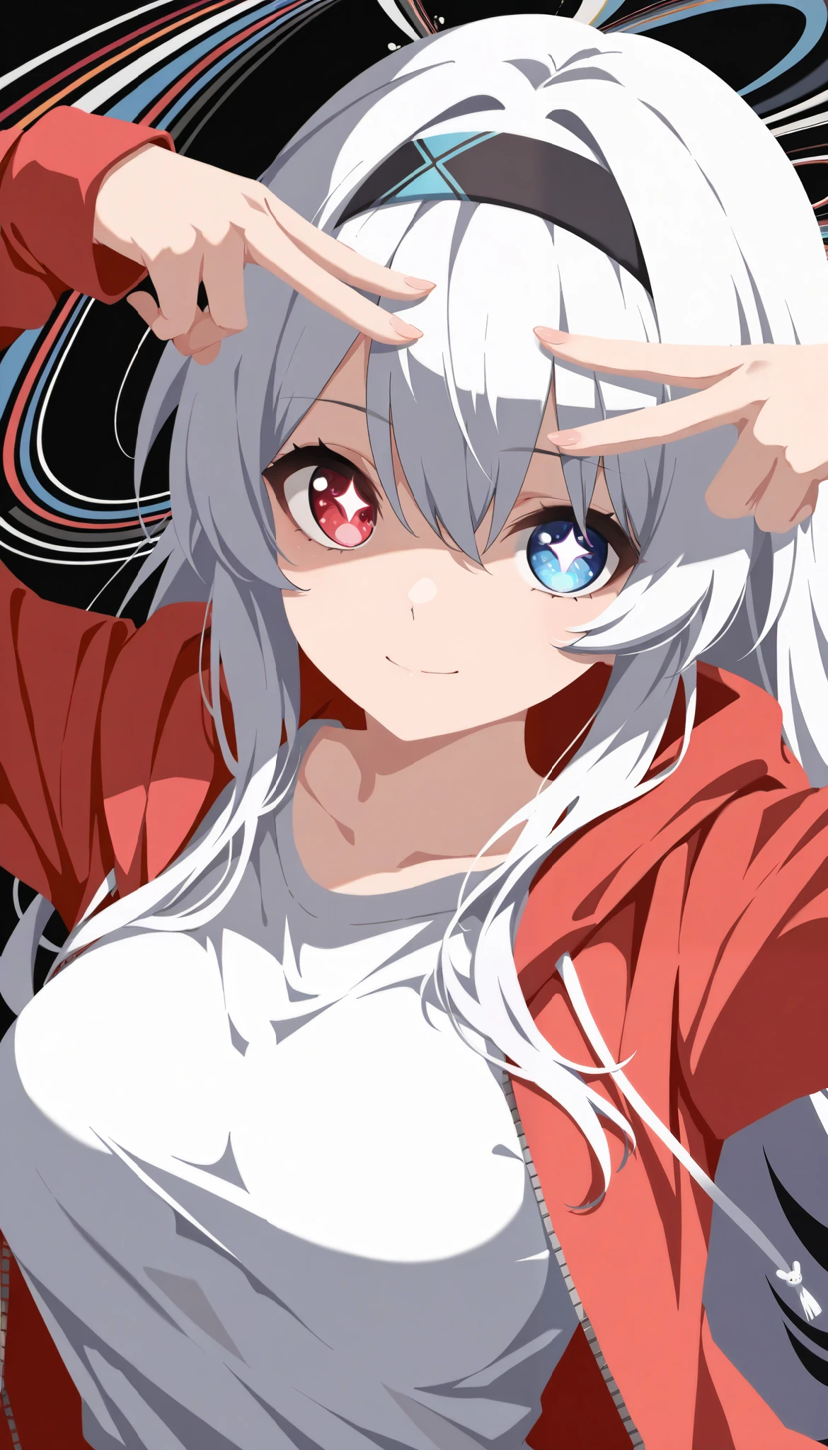 masterpiece, best quality, highly detailed, 1girl, animal ears, belt, black hair, blue eyes, blue pants, brown belt, grin, hair between eyes, horse ears, horse girl, horse tail, jacket, long sleeves, lying, medium hair, midriff peek, multicolored hair, navel, official alternate costume, on back, on floor, open clothes, open jacket, pants, ponytail, red jacket, shirt, smile, solo, streaked hair, tail, tatami, white hair, white shirt, <lora:chan8016-03:1>