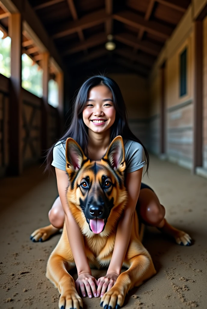 A young Thai girl wears a short, fit and laughs with a puppy in the grass.