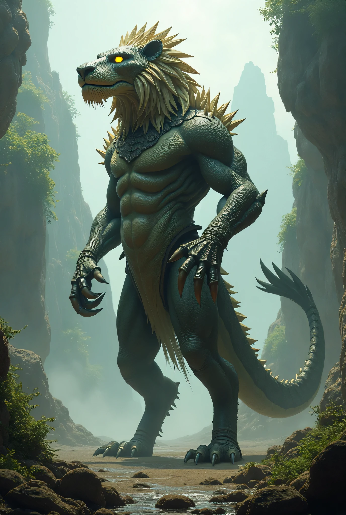 Make a mythological being with the head of a lion, the trunk of an alligator and the tail of a whale, do it right
