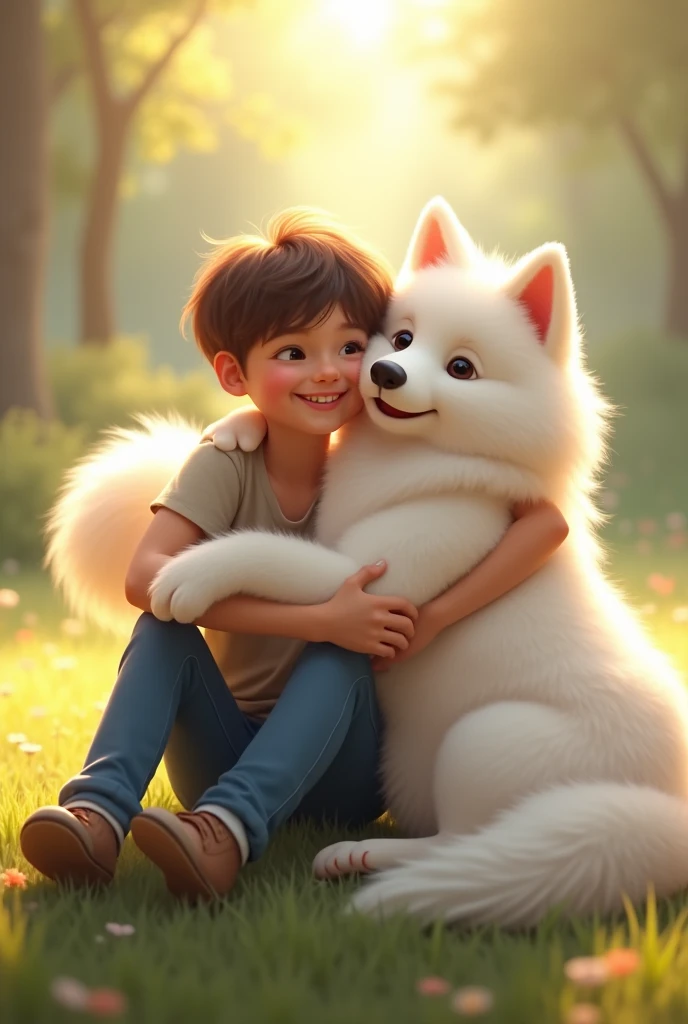 Boy holding a white Pomeranian