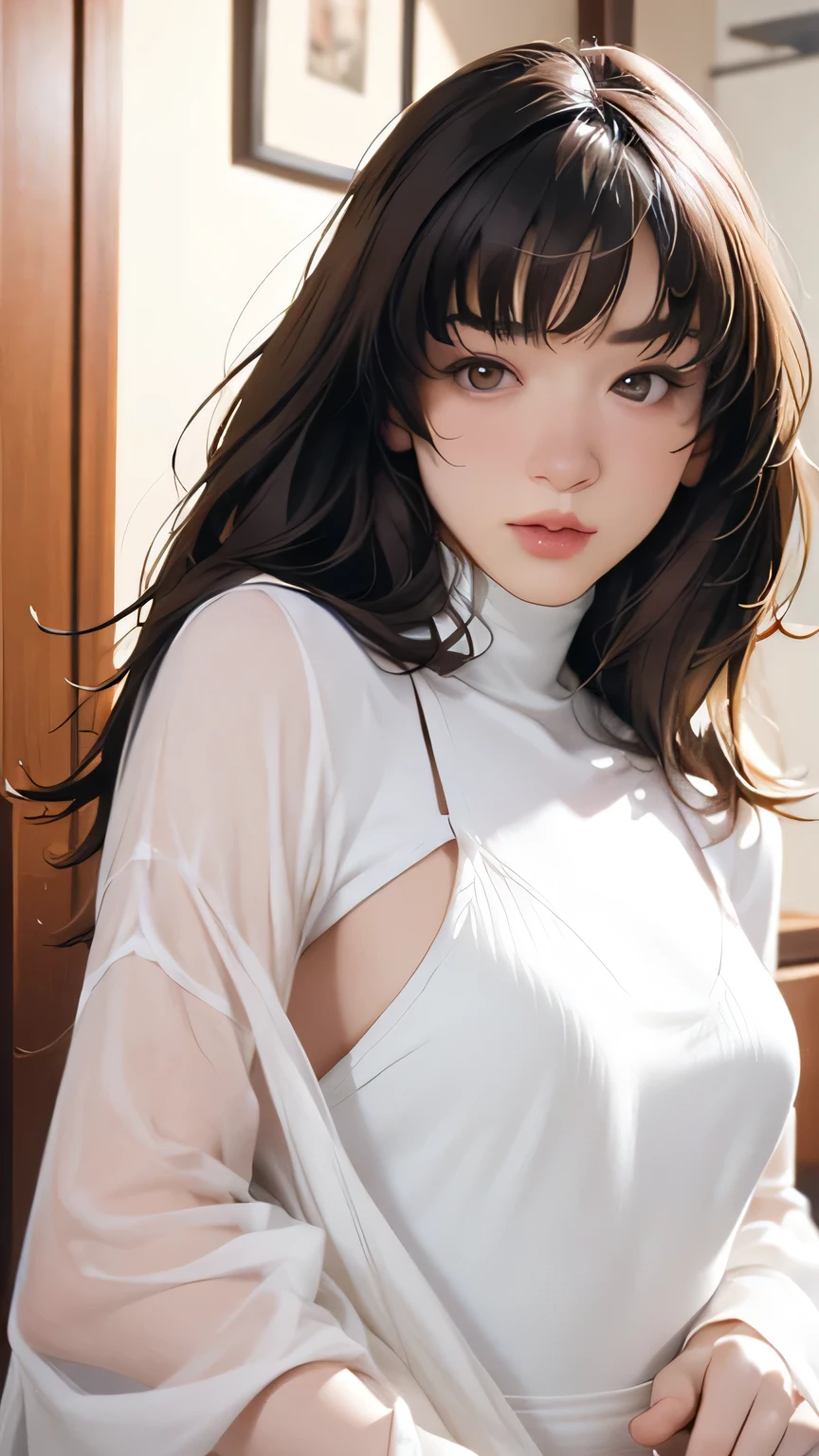 Photography, Masterpiece, Best quality, dark grey background, 8k,(upper body shot),
(1 girl with brown eyes and gorgeous light black hair), Pretty Japanese, 28 years old,
Perfect face, Ultra-detailed face, Detailed eyes,
(cute chest), full soft breasts, white skin, (very soft breasts),
((she pulls up the white turtleneck shirts over the chest:1.5)), skirt,
((solo)),
(lying down on the bed:1.6),