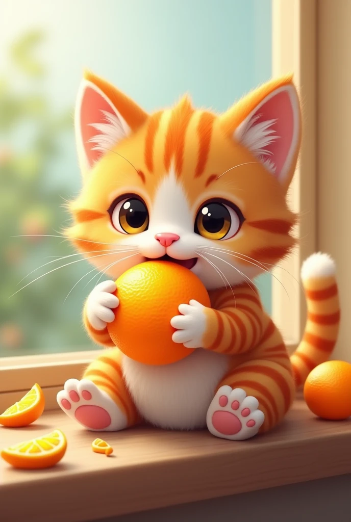 Cute orange cat eating an orange