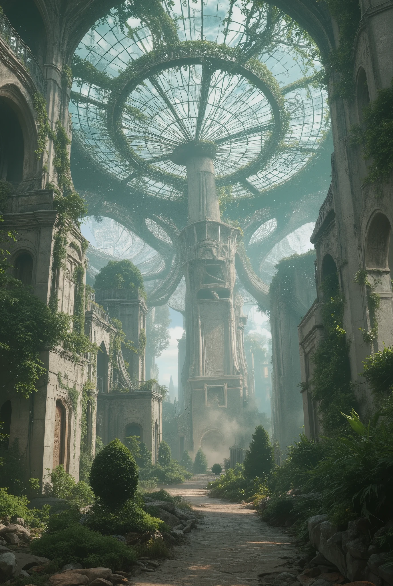 , (8k,  top quality,   Masterpiece  ,  Final Fantasy Style: 1.2), (  realistic  , photo  realistic  : 1.37),  super detailed, ,Dreamy,A surreal mixed fantasy world,Combination of  realistic  and fantastical elements , magical effects ,  Glass Ceiling ,  Glass Covered Space,  Cracked Ceiling , Maze , 魔女の魔法で Glass Ceiling が割れる