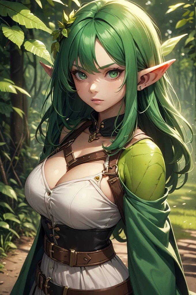 Jungle like environment. A full body-shot of a young African-American Woman with a deep rich brown skin. She short has leaf green curly hair & is wearing a form-fitting bodysuit with a deep neckline, exposing much of her chest area & slightly revealing mythic flowing Black-Purple-Green cloak with Golden Floral designs. She has Stern gaze in her heterochrome eyes, with her left eye being a deep green and her right eye a light gold. She has long crystal blue antlers radiating Floral energy & a set of quaint elven ears. She has a small cute nose She is seen in a battle stance radiating a floral energy