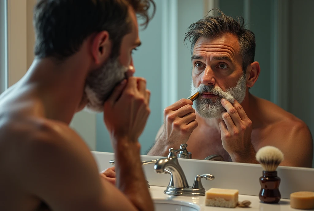 Strong, muscular Bolivian man in white underwear shaving with a razor in the bathroom sink.