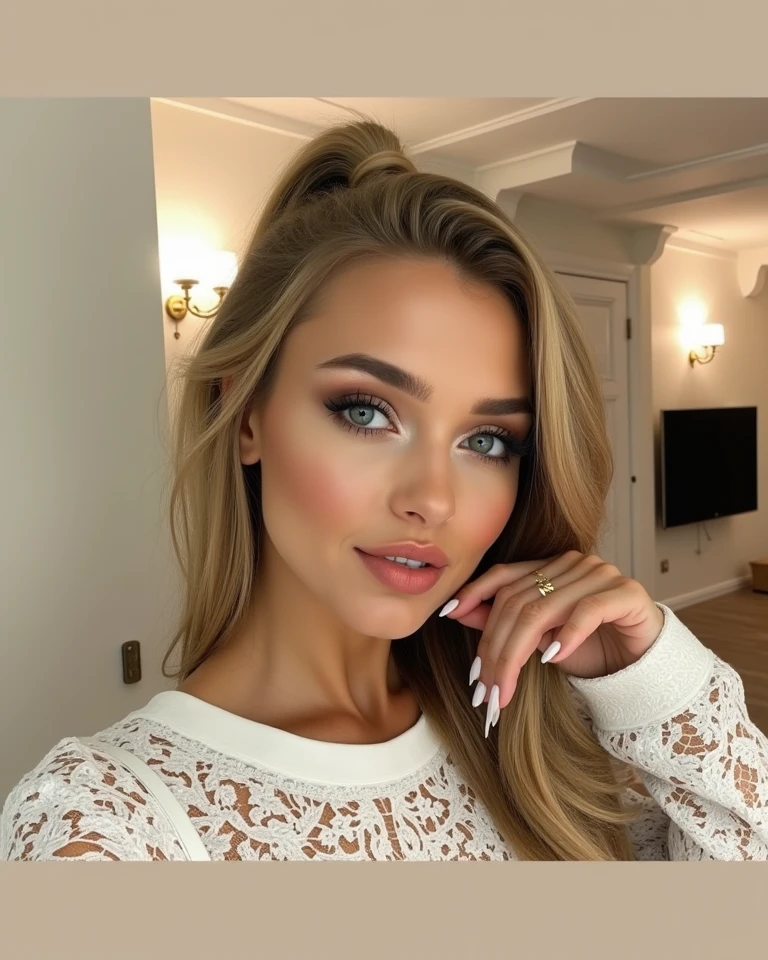 A beautiful young woman in her late twenties, slender figure grown-up, endowed with big breasts that gracefully sit high on her chest.The sun-kissed, golden blonde hair cascades down her back, framing her pretty face with light brown roots. Her deep blue eyes twinkle with playfulness as she takes a selfie in the mirror, wearing an elegant white blouse that highlights her generous cleavage. The photo, taken with a Canon 5D Mark IV, boasts a high-resolution 4K definition, with natural lighting and perfect focus, capturing every intricate detail, invoking a cinematic feel. ((quality superior)), ((masterpiece)), ((life