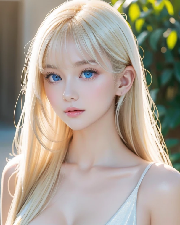 Mastepiece, Best Quality, Photorealistic, Super detailed, Fine details, High resolution, 8k wallpaper, RAW color photos, Professional, High level of detail, Beautiful girl with beautiful platinum blonde super long straight long silky hair. Long bangs between the eyes,、Sharp Focus, Award-winning photography, (Emerald green dress), (Cleavage), (Facing forward), (View your viewers), Small light, Low Contrast, Facial symmetry, Depth of written boundary, Movie Background, Center image, Softly lit, (Fine skin), Pale skin, Gloss Face、Cheek gloss、Realistic skin textures, Extreme Skin Detail、Bright pale marine blue eyes、