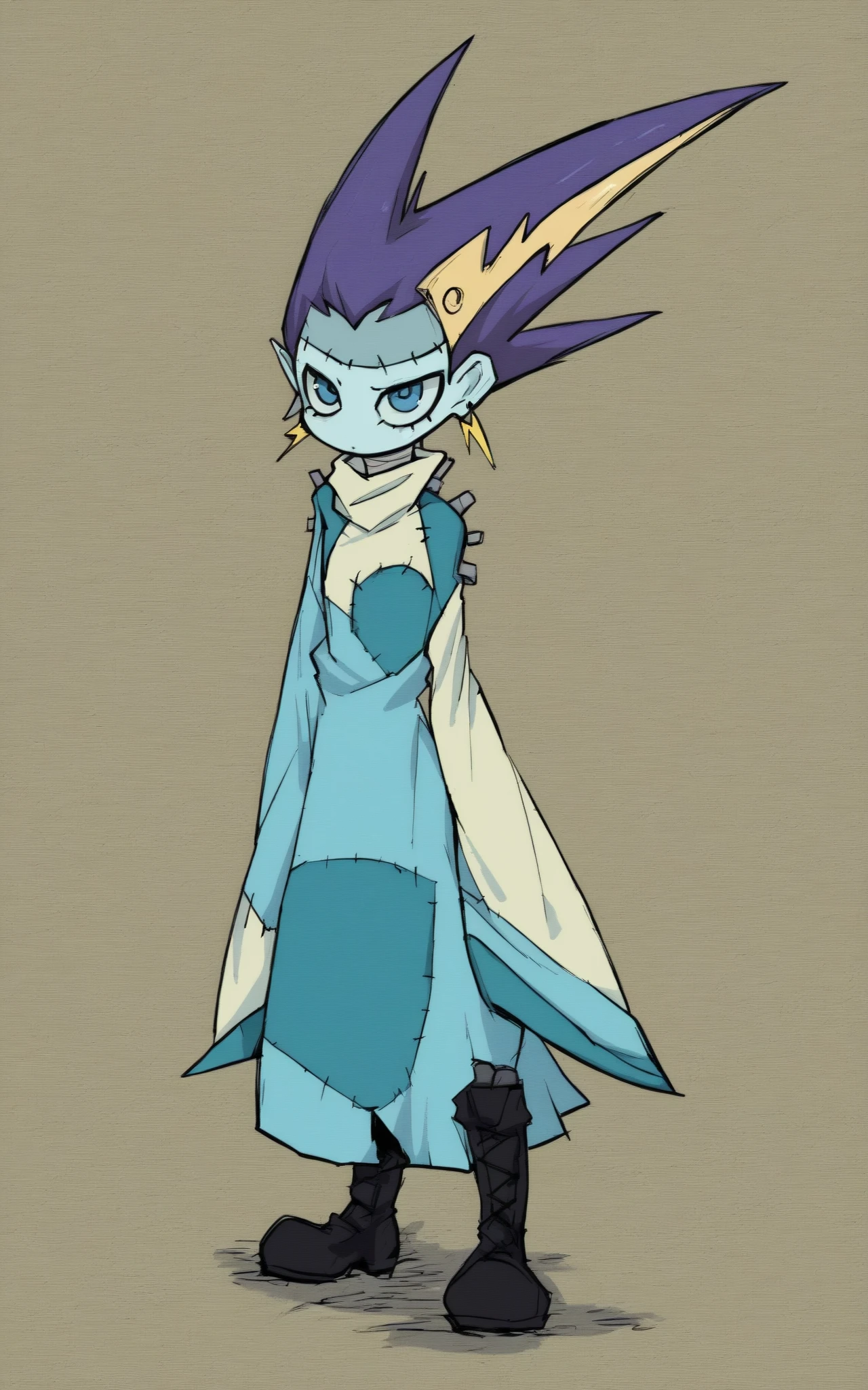 score_9, score_8_up, score_7_up,((best quality)), absurdres, ((full body)), SHAPXL,earrings, jewelry, blue eyes, spiked hair, colored skin, multicolored hair, object through head, long sleeves, dress, screw, two-tone hair, sleeves past wrists, bolt, stitches,boots,slim,purple hair, wide sleeves, blue skin, park, night