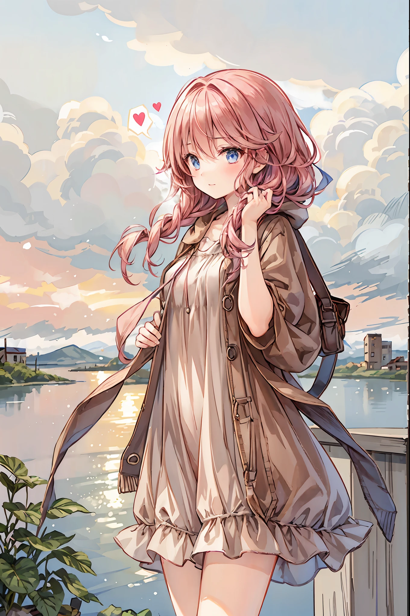 Misty rural sunrise 、Woman running up a steep hill、Distant and close views、 smoke is coming out of old factory chimneys near the bay and harbor 、 movie light showing both legs、 dramatic atmosphere 、8k、 HD 、 realistic 、 Detailed View 、 volume lighting 、Hazy environment、 tea hair, shortcut , my hair is disheveled, braided hair ,Neat, slender beauty ,hole々 Positive Attitudes , small breasts, Her enchanting gray-blue eyes sparkle like stars, pink coat, A delicate smile, The best品質、The best, Gentle beautiful woman , anime style 、(Speaking Heart), happy, open your mouth, close my eyes because of the location,
