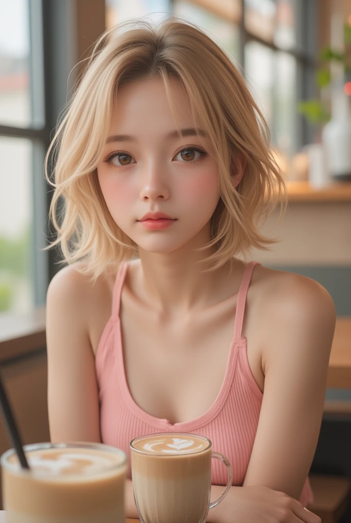 Highest quality、Japanese women、The most beautiful woman in the world、sexy、Golden hair color、Short Hair Style、Small face、Beautiful skin、noon、Large breasts、Realistic、Pink Shirt、smile
