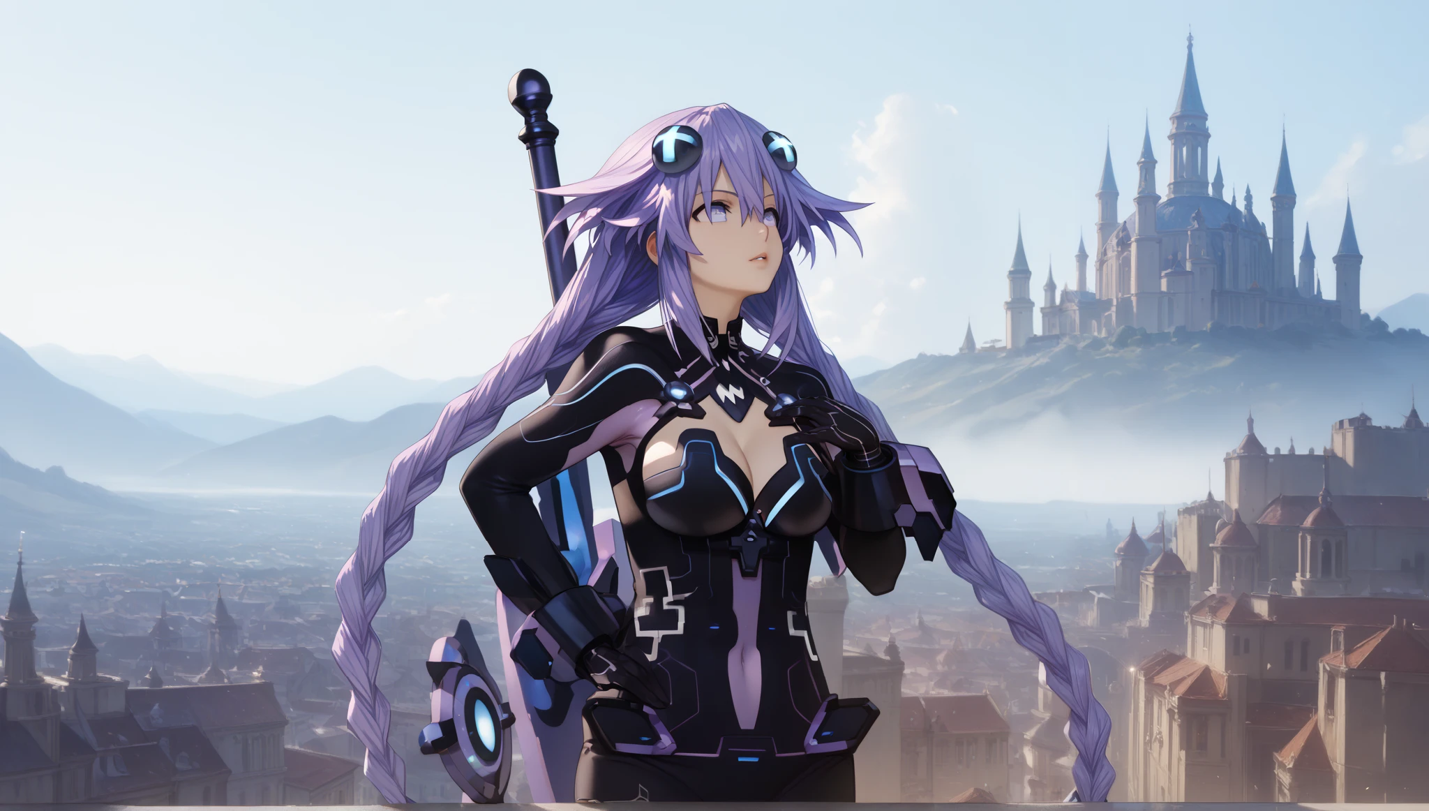 Neptunia dressed as a warrior , backlit image light and dark clothes, Long hair , High resolution, masterpiece, Precise, Anatomically correct, the best quality , Awarded many times, HD model, Detailed pants, high quality, quality, muy detallado, textured leather, UHD, looking at the camera