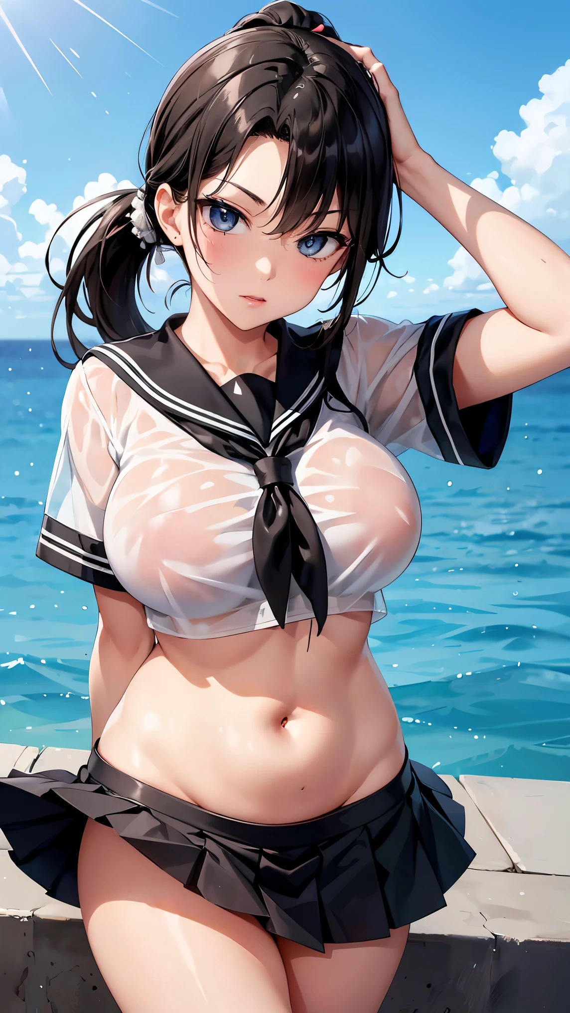 very cute and beautiful girl, nsfw, (highly detailed beautiful face and eyes:1.2), 1girl, solo, nsfw, huge breasts, (show off breasts), (sailor school uniform), (navy blue pleated mini skirt:1.15), (looking back, from behind), leaning forward, from below, (white panties, lift skirt, pantie shot, blush,), ((embarrassed)), (town overview), detailed landscape, black hair,(best quality,masterpiece:1.2),intricate details, extremely detailed,8k resolution, solo, natural lighting, hair fluttering in the wind,