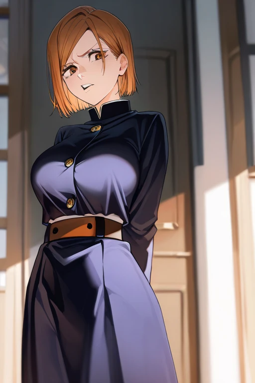nobarakugisakinova, short hair, orange hair, ((brown eyes)), kugisaki nobara, , 1girl, solo, jacket, bangs, gakuran (best quality,4k,8k,highres,masterpiece:1.2),ultra-detailed,naked, enormous , ((dynamic pose)) ,nipples, showing, boob window,Nobara ,extremely detailed girl,beautiful detailed eyes,beautiful detailed lips,longeyelashes,blusheing expression,black and white photography,low-key lighting,dark and gritty,urban setting,fierce attitude,action-packed scene,Vivid colors,intense shadows,sharp focus, seras, seras victoria, closeup, face closeup, frustrated expression