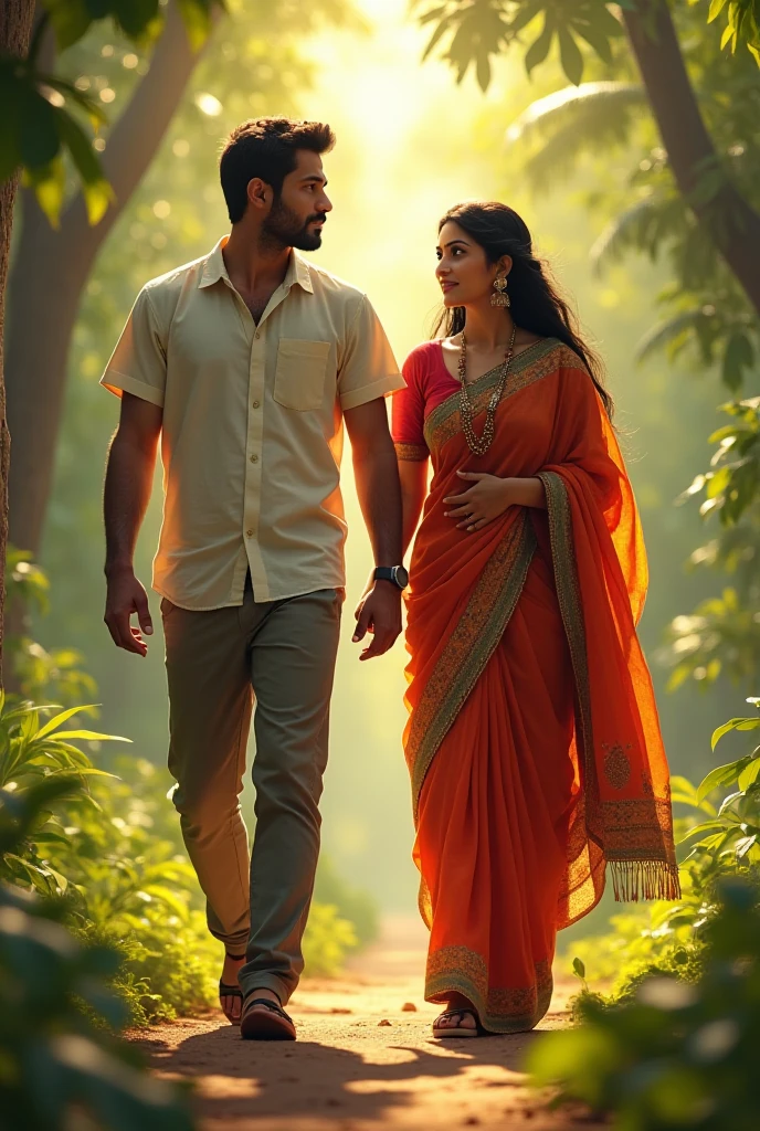 A 25 years old indian man walking in a garden, his girlfriend is seting on a stone