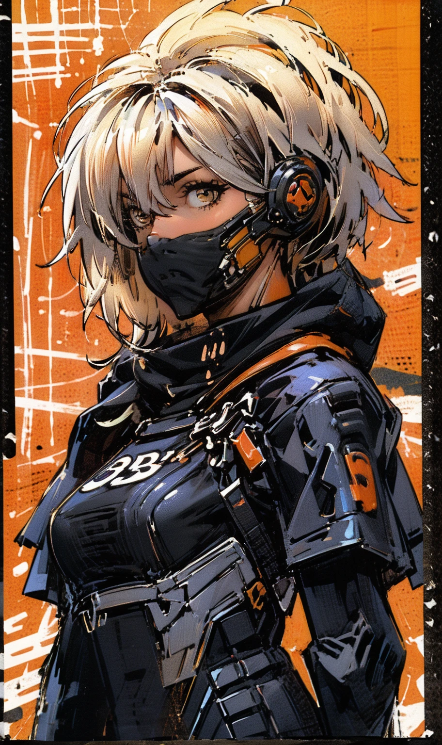 photo of cute army girl, detailed face+eyes, tactical clothing, (white fox girl,animal ear fluff, (fluffy hair), medium hair, attractive, yellow eyes, picturesque, sporty, (dark skin:1.2), (tactical mask), upper body, dynamic angle, mad, by Jeremy Lipking, by Antonio J Manzanedo, (by Alphonse Mucha:0.5), masterpiece, (pov), metal, foggy snowy jungle, varied depth of field, captain