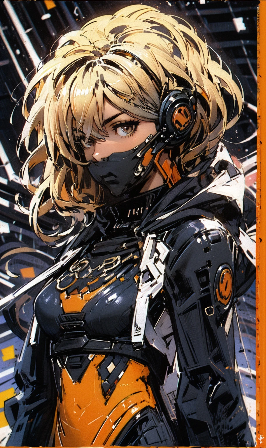 ( High Quality , 8k, 4K, High Contrast , masterpiece:1.2), ( High Quality , Aesthetics at its best, Complete ), ( dynamic angle), (( female 1 )), (( cyberpunk)), (( flat collar )), (( colorful art )), rider jacket, viewers, line art , colorful background, High Contrast , Contrasting colors, ((RISOGRAPH)), oil painting, (wolf costume:1.3),Combat Stance, armybiker style, riding, shinobu jacobs, white hair, (big hair, messy hair, afro:1.2), hair over one eye, thick eyelashes, dark skin,