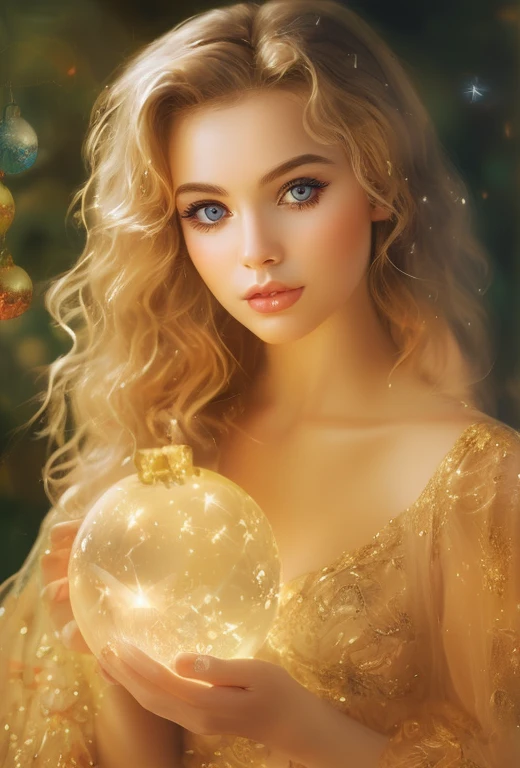 Uma garotinha feliz com o espirito natalino abrindo uma caixa de presente com luzes de natal ao redor e uma brilhante luz saindo da caixa de presente