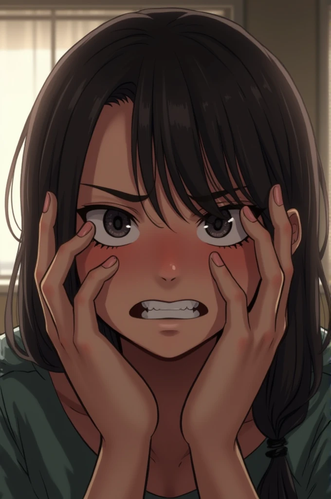cabello negro, brown eyes, flequillo, single braid, 1 girl in, 20yo,Mujer joven,Hermosa nariz,Beautiful character design, ojos perfectos, Cara perfecta,ojos expresivos, Mirando al espectador,(primer plano),(Focus on her face), Arte Oficial, face, open mouth, uvula, mouth, tongue, tongue out