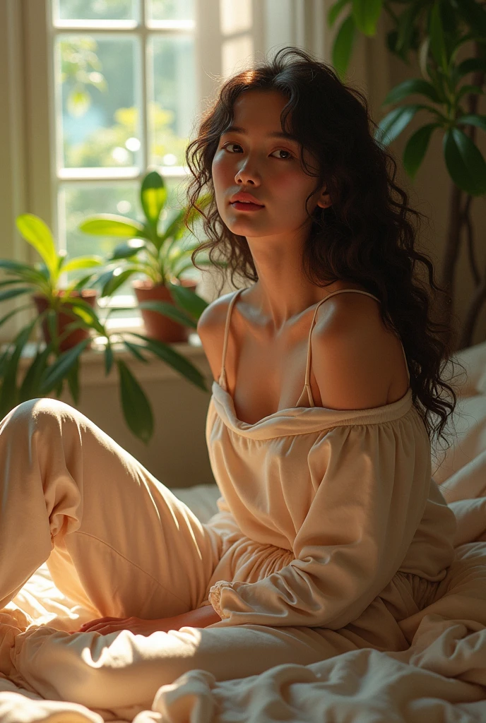 (photorealism:1.2), beautiful woman, sitting on bed, wearing loose off-shoulder top, pajama pants, long curly hair, indoors, soft lighting, plants in background, window with sunlight, cozy room, relaxed pose, realistic, intricate details, warm colors, by Greg Rutkowski, by Alphonse Mucha