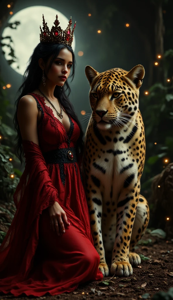 (best quality, 128k,highres,masterpiece:1.2),ultra-detailed,(realistic,photorealistic,photo-realistic:1.37), ((masterpiece)) ((photography)) ((Highest quality)) Masterpiece. A feline goddess with bronzed skin, dressed in deep crimson lingerie with subtle black accents, paired with a flowing sheer cape of the same hue. Her crown is crafted from dark ruby metal adorned with blood-red gemstones, complementing the vibrant tones of her companion. Beside her stands a sleek and powerful jaguar, its golden coat marked with deep black rosettes. The jaguar lies at her feet, its piercing amber eyes glowing with a mix of intensity and affection. The scene is set in a misty, moonlit rainforest, with the dense greenery and faint glimmers of fireflies adding to the aura of wild elegance and mystique.